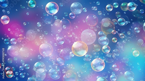 Soap bubbles on colorful blurred background. Neural network ai generated art