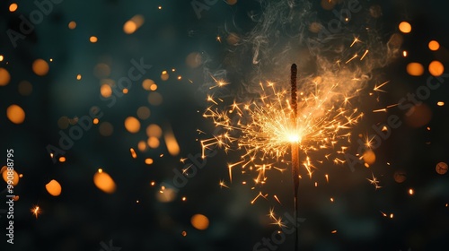 A vibrant sparkler illuminating the darkness, creating a festive atmosphere with glowing particles and magical bokeh effects. photo