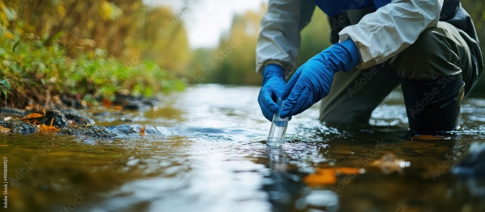 Scientist Collecting Water Sample from River for Environmental Analysis in Autumn Forest