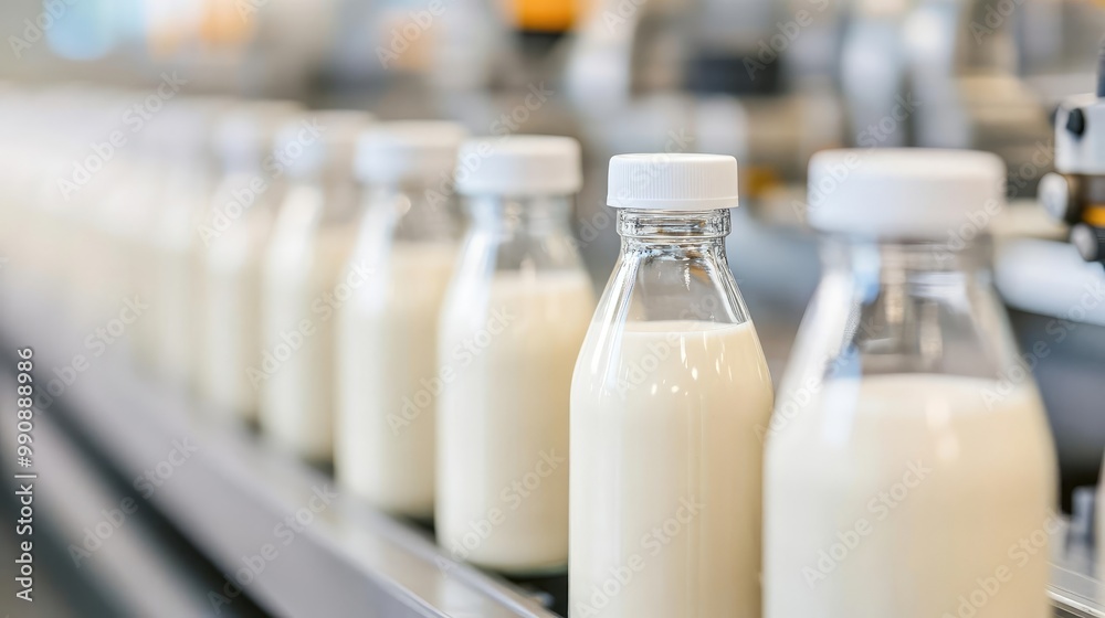 Machine filling bottles with plant-based milk in a clean, automated facility, automation, dairy alternatives Machine filling bottles with plant-based milk in a clean, automated facility, automation, dairy alternatives