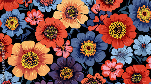 Modern background with stylized geometric patterns featuring bold zinnias