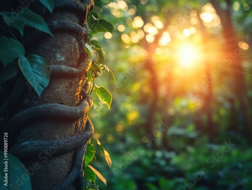 Tree trunk with vines in sunlight photo