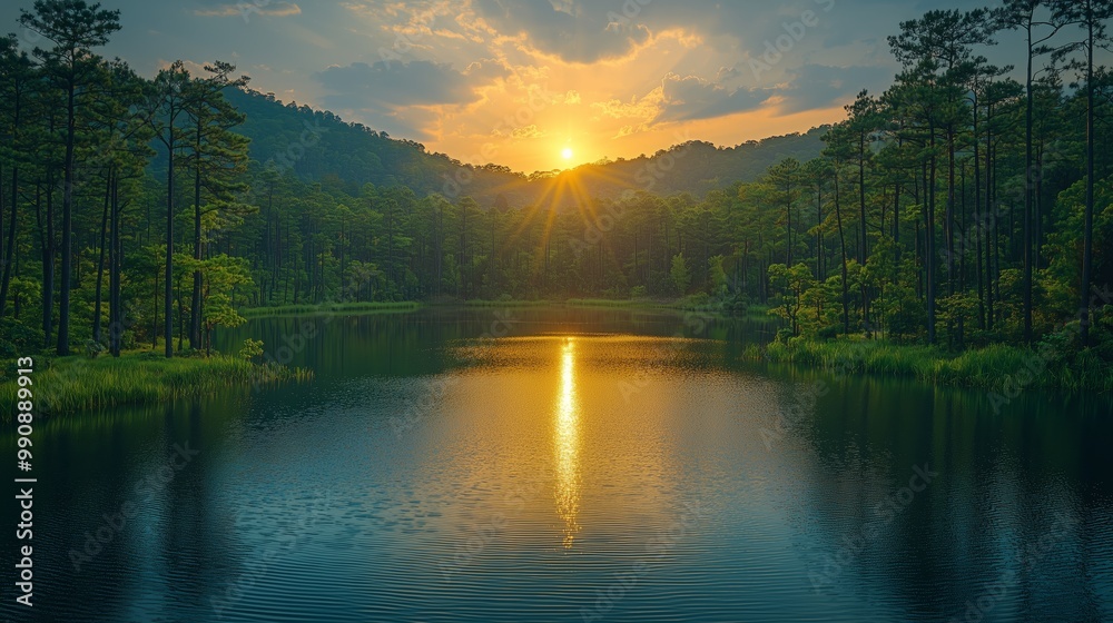 Naklejka premium Serene Sunset Over Tranquil Wildlife Sanctuary