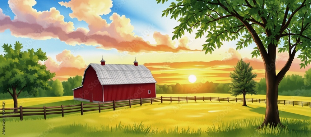 A red barn in the middle of a green field.