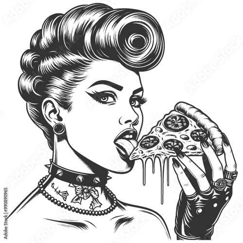 Punk woman eating pizza. Retro hair, tattoos, choker. Alternative fashion sketch engraving generative ai fictional character vector illustration. Scratch board imitation. Black and white image