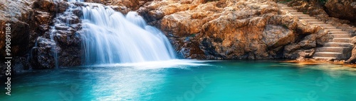 Pristine waterfall of mineral water crashing into a calm pool, untouched by human influence, evoking a sense of renewal and replenishment