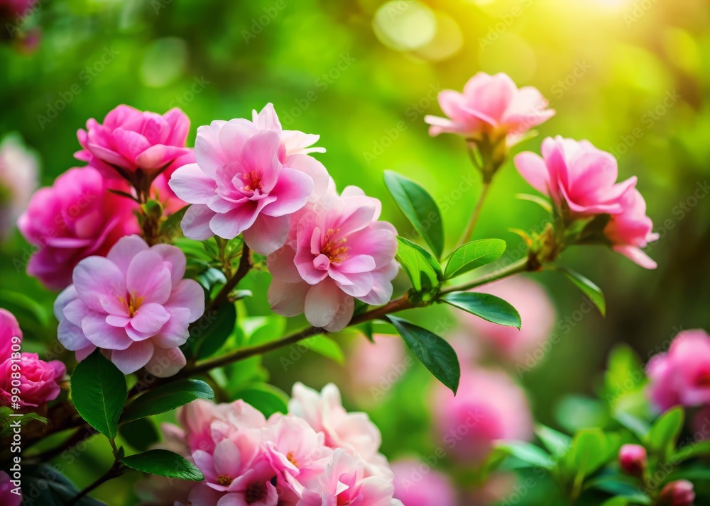 Delicate pink flowers bloom amidst lush foliage, exuding grace and tranquility Delicate pink flowers bloom amidst lush foliage, exuding grace and tranquility