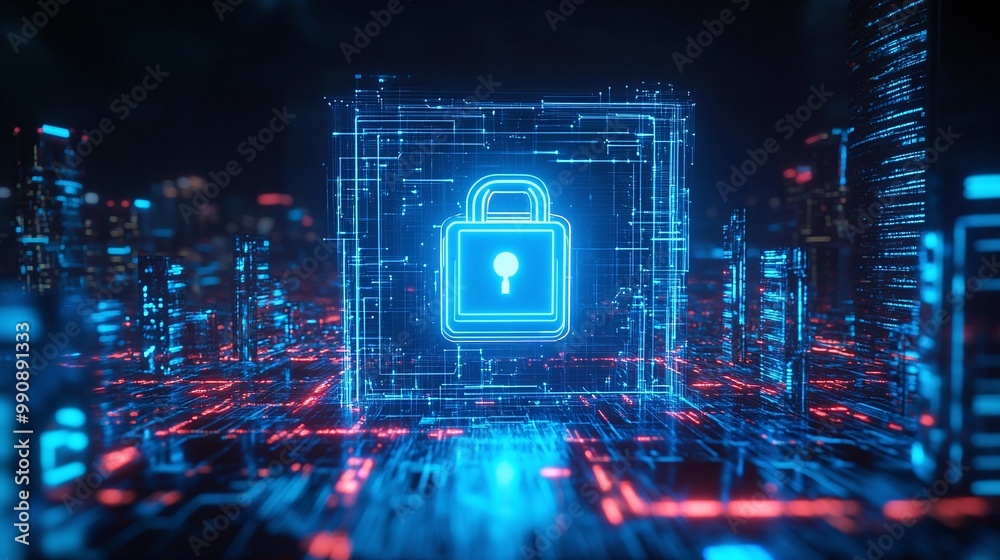 Digital padlock icon in a futuristic cyber security environment Digital padlock icon in a futuristic cyber security environment