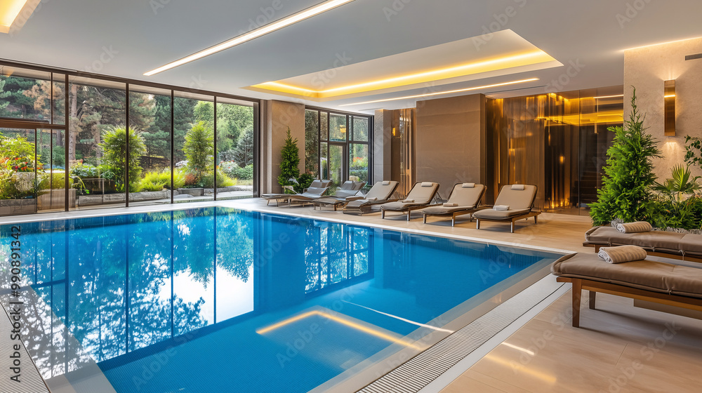 Fototapeta premium Luxurious indoor pool area with a modern design, large glass windows, and stylish lounge chairs surrounding the pool