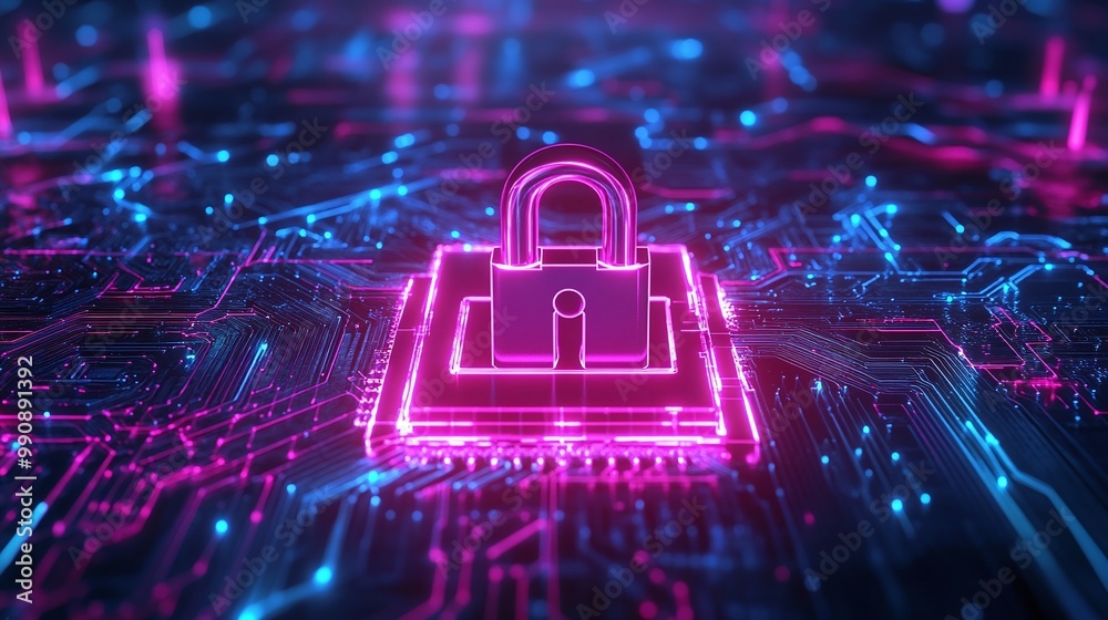 Digital padlock on a circuit board, futuristic technology concept. Digital padlock on a circuit board, futuristic technology concept.