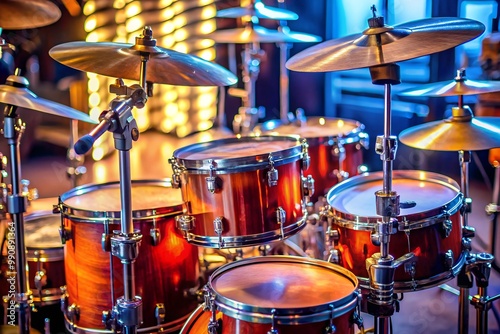 Drumkit Detail A tight shot of a drumkit, highlighting the meticulous arrangement of drums and cymbals.