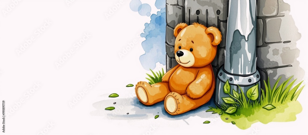 A teddy bear sitting next to a stone wall. A teddy bear sitting next to a stone wall.