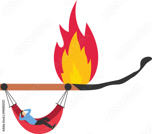 work procrastination, businessman sleeping on a burning matchstick, risk of delaying work, deadline concept vector illustration

