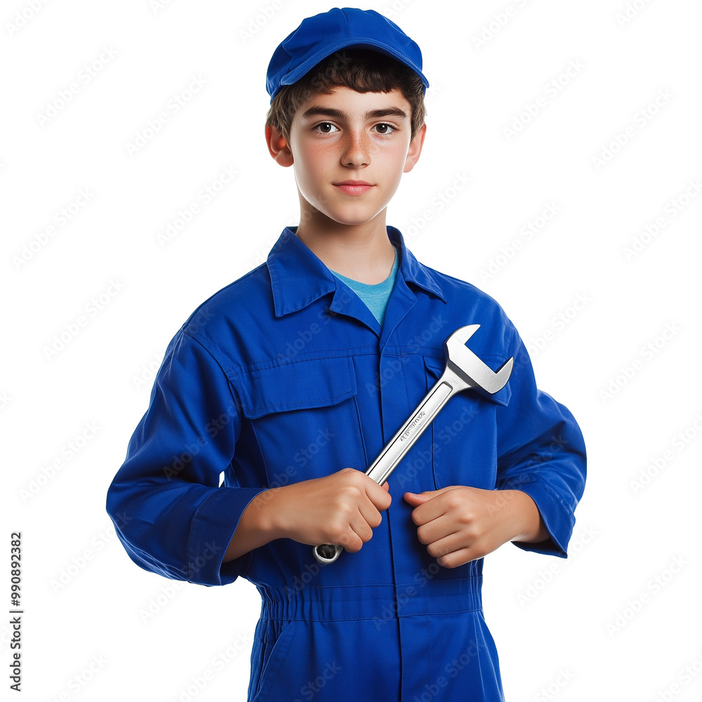 Teenage boy in mechanic uniform holding wrench isolated on transparent background Teenage boy in mechanic uniform holding wrench isolated on transparent background
