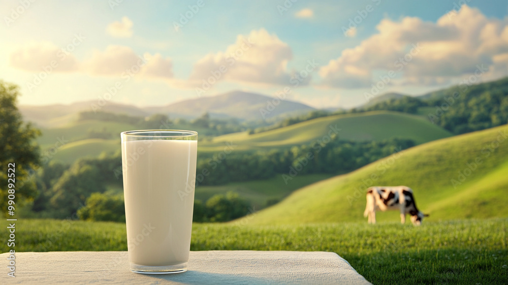 glass of fresh milk in the meadow with cow grazing in background glass of fresh milk in the meadow with cow grazing in background