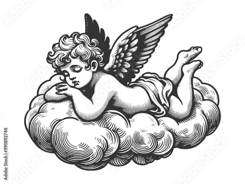 cherub peacefully sleeping on a cloud, serene and angelic atmosphere with classic engraving style sketch engraving generative ai vector illustration. Scratch board imitation. Black and white image.