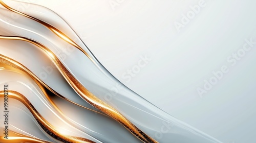 Abstract flowing metallic gold and white curved lines on a light background. Futuristic wave design with copy space.