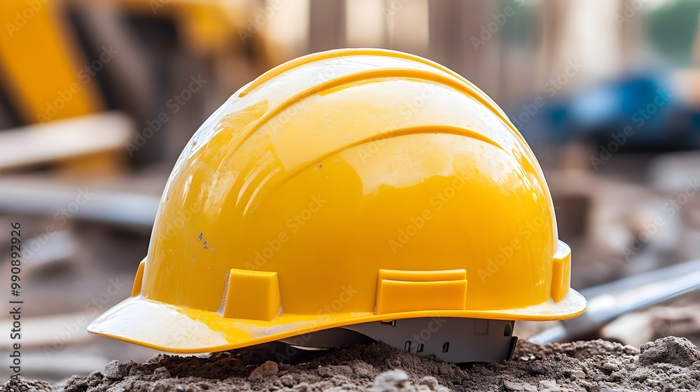 Bright Yellow Safety Helmet Resting on a Construction Site with Various Tools Equipment and Building Materials in the Background Symbolizing Safety and Protection in the Workplace Bright Yellow Safety Helmet Resting on a Construction Site with Various Tools Equipment and Building Materials in the Background Symbolizing Safety and Protection in the Workplace