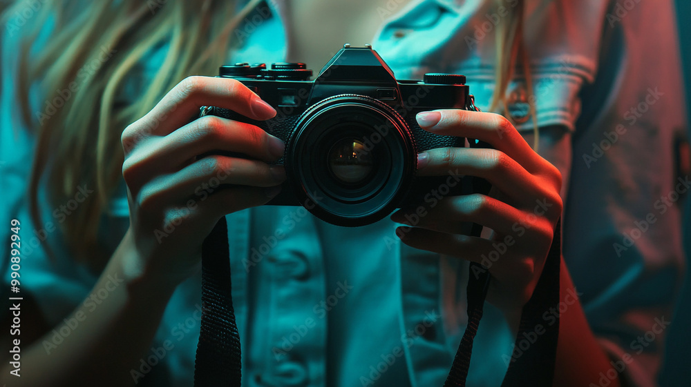 A woman holds a camera