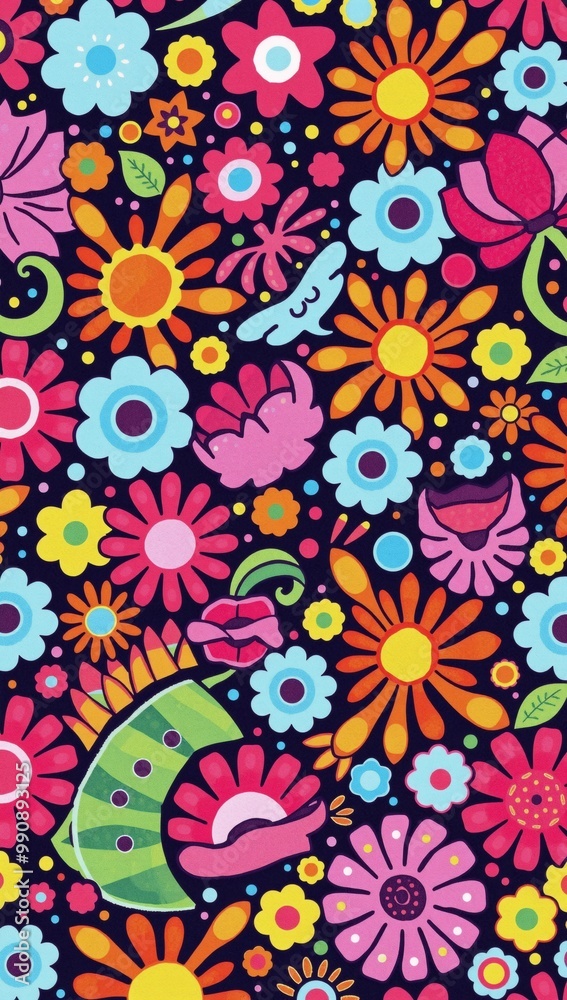 Fototapeta premium A colorful floral pattern on a black background.