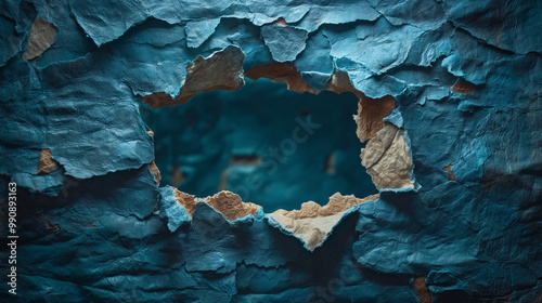 ugged hole in a textured blue wall. photo