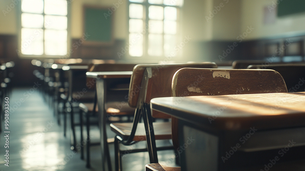 An empty high school classroom with rows of wooden desks and chairs An empty high school classroom with rows of wooden desks and chairs