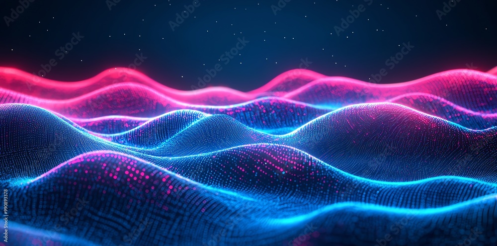 Fototapeta premium Abstract digital landscape with blue and pink glowing waves.