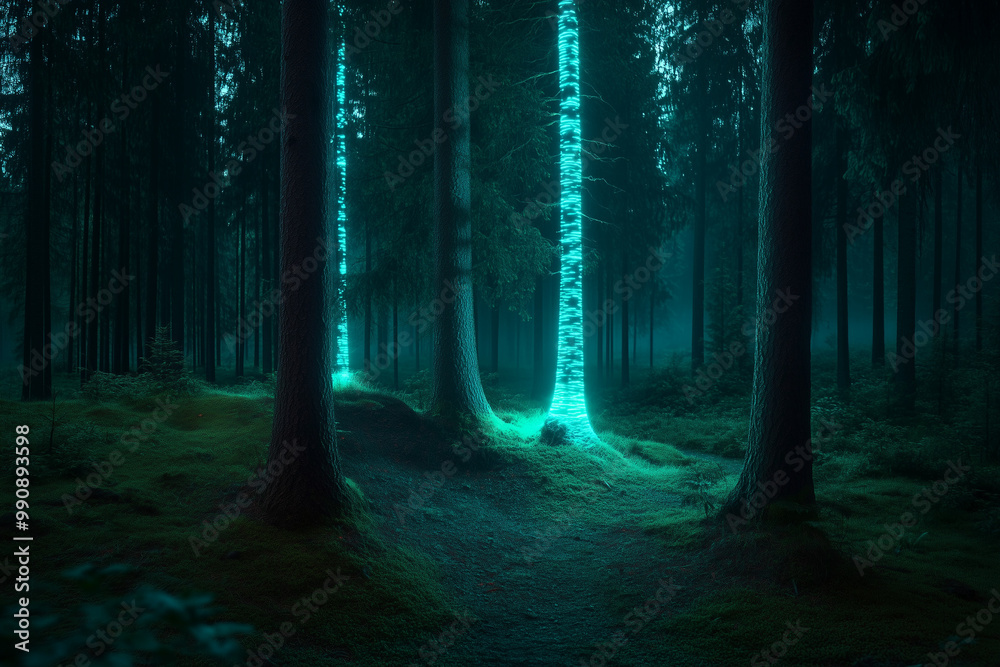 Fototapeta premium Majestic bioluminescent trees glowing in a dark forest, illuminating the surroundings with a magical glow. -