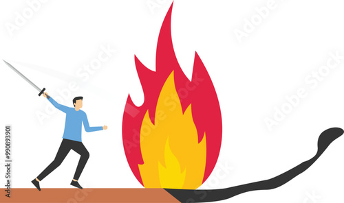 save assets from financial crisis or economic recession, stop loss to avoid market crash or banking collapse, businessman preparing to cut burning matchsticks so that the fire does not burn others

