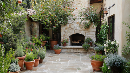 Mediterranean courtyard with a rustic stone fireplace, terracotta planters, and a mix of greenery and blooming flowers