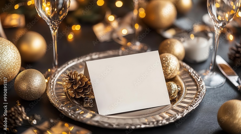 Fototapeta premium Elegant table setting with blank card, gold decorations, and festive ornaments, perfect for holiday celebrations and invitations.