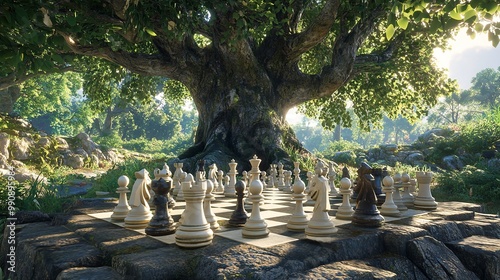 Chess game under a lush tree symbolizing strategy and patience

 photo