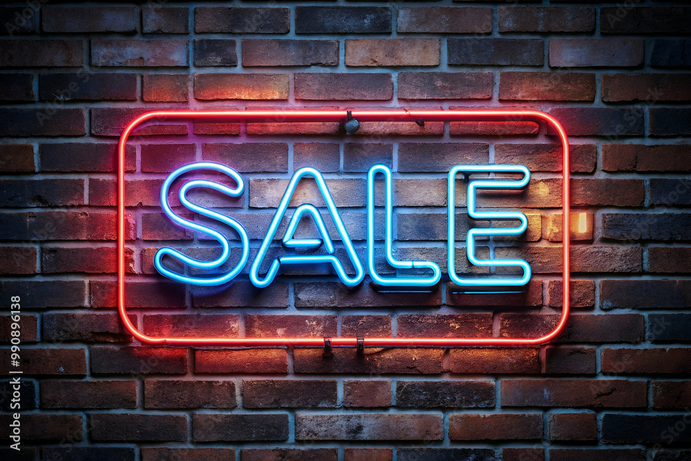 Obraz premium A neon sign that says Sale is lit up on a brick wall. The sign is red and blue and is illuminated, drawing attention to the sale. The brick wall provides a contrast to the bright colors of the sign