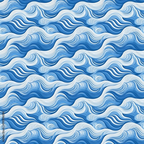 Abstract seamless pattern of blue and white wavy lines.