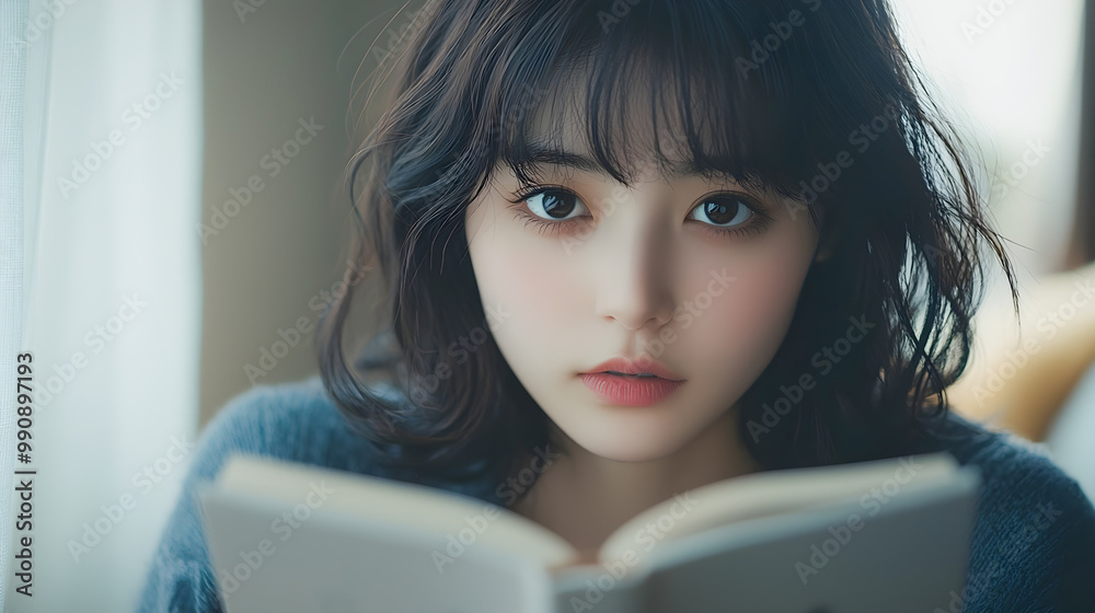 部屋で読書中の若いアジア人女性 部屋で読書中の若いアジア人女性