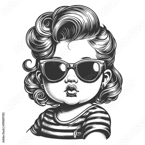 Girl baby in sunglasses, vintage hairstyle and accessories in a playful black and white design sketch engraving generative ai vector illustration. Scratch board imitation. Black and white image.