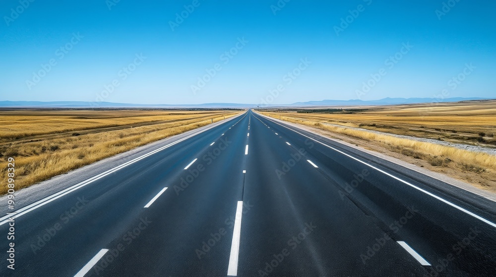 A wide-angle shot of an empty highway stretching into the horizon under a clear blue sky A wide-angle shot of an empty highway stretching into the horizon under a clear blue sky