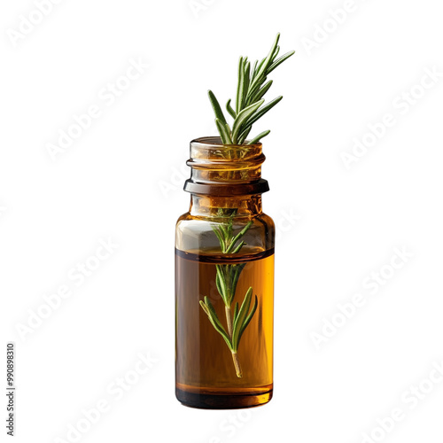Wallpaper Mural Glass amber bottle filled with aromatic essential oil and fresh rosemary on transparent background Torontodigital.ca