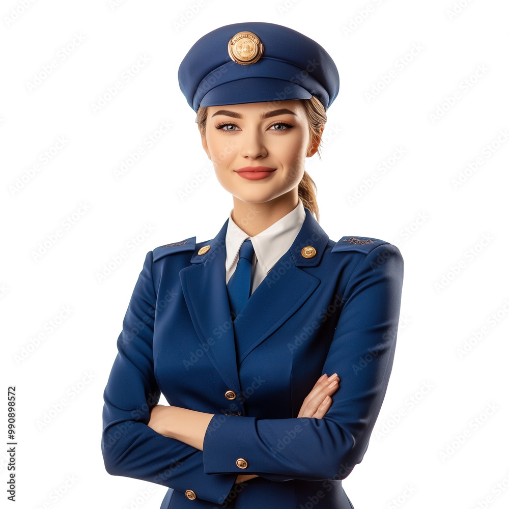 Female flight attendant in uniform isolated on transparent background Female flight attendant in uniform isolated on transparent background