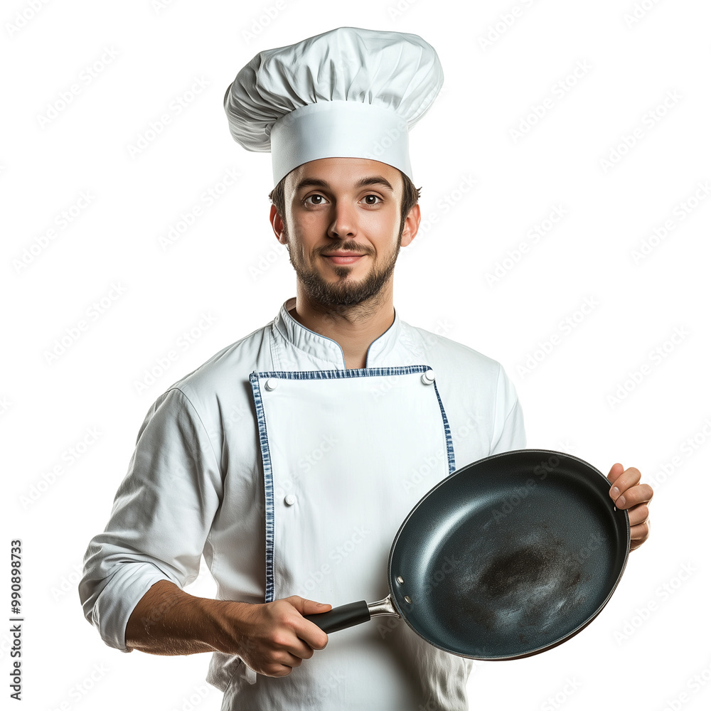 Young man in chef hat holding frying pan isolated on transparent background Young man in chef hat holding frying pan isolated on transparent background