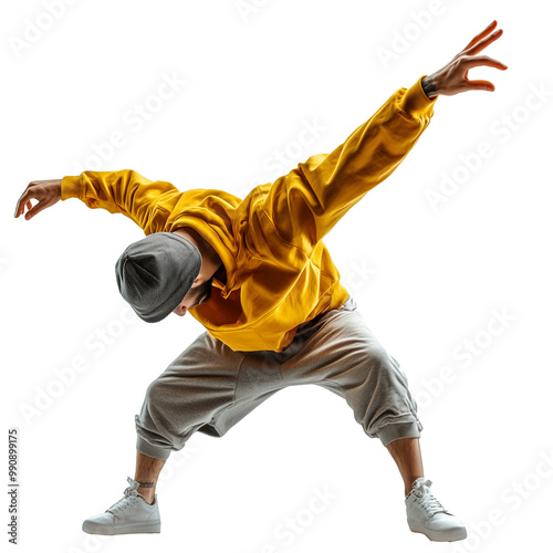 Male dancer in street clothes performing isolated on transparent background