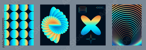 Abstract vibrant gradient cover design set in trendy Y2k style. Modern electro music festival template with bold geometric shapes. Vector social media flyer, party invite, club flyer