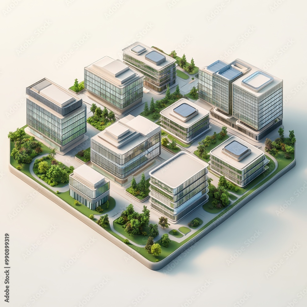 Obraz premium A modern architectural layout featuring office buildings and greenery.