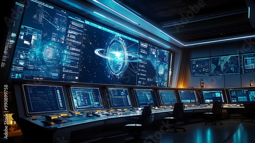 Fototapeta Naklejka Na Ścianę i Meble -  Glamorous background with an advanced space mission control centre, including large screens displaying spacecraft trajectories