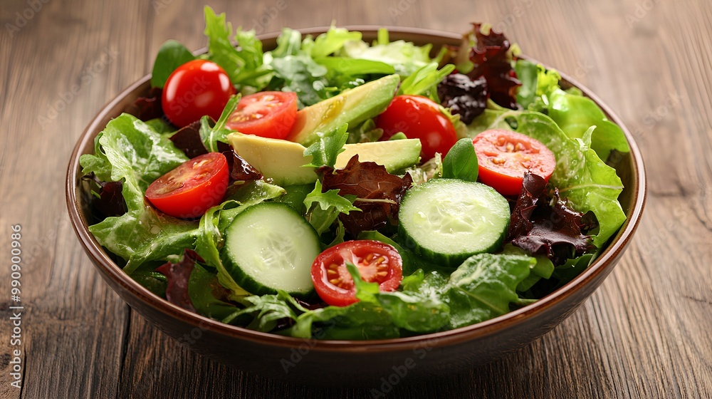 A vibrant salad bowl filled with fresh greens, cherry tomatoes, cucumber slices, and various colorful toppings, resting on a wooden surface. A vibrant salad bowl filled with fresh greens, cherry tomatoes, cucumber slices, and various colorful toppings, resting on a wooden surface.
