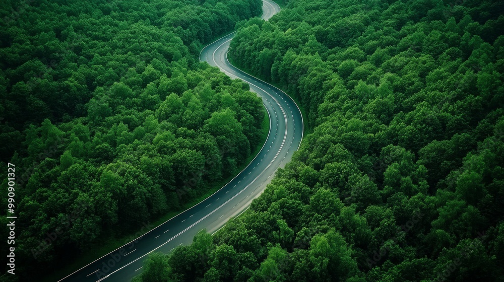 Aerial view of a winding highway through dense green forest, with no vehicles or people visible Aerial view of a winding highway through dense green forest, with no vehicles or people visible