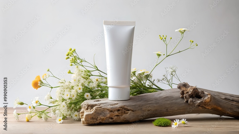 Cream tube for sale presentation with flowers and chamomile, cosmetic mockup presentation for shopping Cream tube for sale presentation with flowers and chamomile, cosmetic mockup presentation for shopping