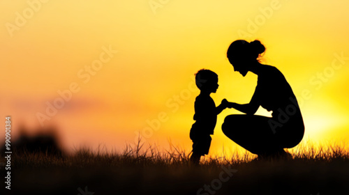 Happy Mother's Day Concept, Happy Family in the Park, Mum and Girl to Sunset, Summer Vacation Silhouette in the Park, blurred image