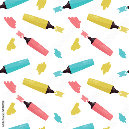 Vector pattern with highlighters in yellow, pink and blue colors.