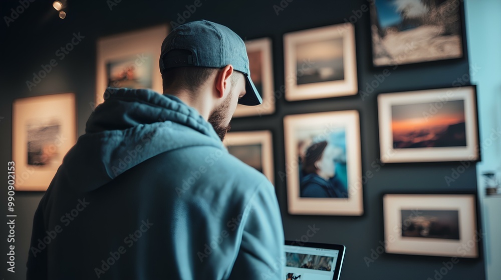 A man observes framed photographs while using a laptop in a gallery setting, showcasing a blend of modern technology and artistic expression. A man observes framed photographs while using a laptop in a gallery setting, showcasing a blend of modern technology and artistic expression.
